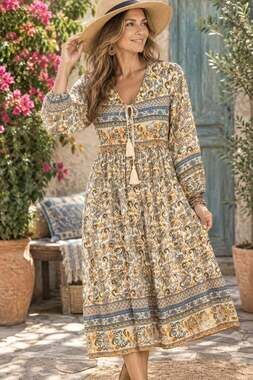 R. VIVIMOS Ivory Orange Blue Floral Boho Cotton Modest Midi Dress. Ladies Med